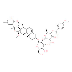 ChemSpider 2D Image | (1S,2aR,3R,4R,5aS,6aS,6bR,10R,12aR,12bS,14bR)-4-Hydroxy-1-methoxy-2a,12a-dimethyl-3-(2-methyl-1-propen-1-yl)-3,4,5a,6,6a,6b,7,9,10,11,12,12a,12b,13,14,14b-hexadecahydro-2aH-2,5-dioxacyclopenta[1,7]ind
eno[2,1-a]phenanthren-10-yl 2-O-[6-deoxy-4-O-(4-methoxybenzoyl)-alpha-L-mannopyranosyl]-beta-D-glucopyranoside | C48H68O16