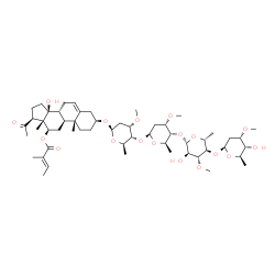 ChemSpider 2D Image | (3beta,12beta,14beta)-3-{[2,6-Dideoxy-3-O-methyl-beta-D-ribo-hexopyranosyl-(1->4)-6-deoxy-3-O-methyl-beta-D-glucopyranosyl-(1->4)-2,6-dideoxy-3-O-methyl-beta-D-ribo-hexopyranosyl-(1->4)-2,6-dideoxy-3-
O-methyl-beta-D-ribo-hexopyranosyl]oxy}-14-hydroxy-20-oxopregn-5-en-12-yl (2E)-2-methyl-2-butenoate | C54H86O18