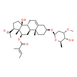 ChemSpider 2D Image | (3beta,12beta,14beta)-3-[(2,6-Dideoxy-3-O-methyl-beta-D-ribo-hexopyranosyl)oxy]-14-hydroxy-20-oxopregn-5-en-12-yl (2E)-2-methyl-2-butenoate | C33H50O8