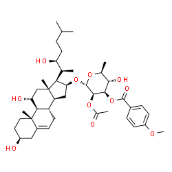 ChemSpider 2D Image | (3beta,11alpha,16beta,22S)-3,11,22-Trihydroxycholest-5-en-16-yl 2-O-acetyl-6-deoxy-3-O-(4-methoxybenzoyl)-alpha-L-mannopyranoside | C43H64O11
