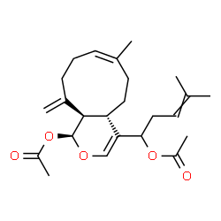 ChemSpider 2D Image | 1-[(1S,4aS,7Z,11aR)-1-Acetoxy-7-methyl-11-methylene-1,4a,5,6,9,10,11,11a-octahydrocyclonona[c]pyran-4-yl]-4-methyl-3-penten-1-yl acetate | C24H34O5