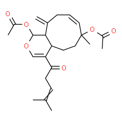 ChemSpider 2D Image | (8Z)-7-Methyl-11-methylene-4-(4-methyl-3-pentenoyl)-1,4a,5,6,7,10,11,11a-octahydrocyclonona[c]pyran-1,7-diyl diacetate | C24H32O6