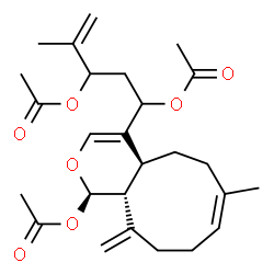ChemSpider 2D Image | 5-[(1R,4aS,7Z,11aR)-1-Acetoxy-7-methyl-11-methylene-1,4a,5,6,9,10,11,11a-octahydrocyclonona[c]pyran-4-yl]-2-methyl-1-pentene-3,5-diyl diacetate | C26H36O7