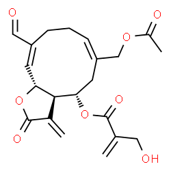 ChemSpider 2D Image | (3aR,4S,6E,10E,11aR)-6-(Acetoxymethyl)-10-formyl-3-methylene-2-oxo-2,3,3a,4,5,8,9,11a-octahydrocyclodeca[b]furan-4-yl 2-(hydroxymethyl)acrylate | C21H24O8