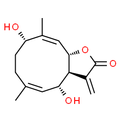 ChemSpider 2D Image | (3aS,4R,5Z,9S,10Z,11aS)-4,9-Dihydroxy-6,10-dimethyl-3-methylene-3a,4,7,8,9,11a-hexahydrocyclodeca[b]furan-2(3H)-one | C15H20O4