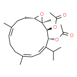 ChemSpider 2D Image | (1R,2S,3R,4Z,6Z,10Z,14S)-4-Isopropyl-1,7,11-trimethyl-15-oxabicyclo[12.1.0]pentadeca-4,6,10-triene-2,3-diyl diacetate | C24H36O5