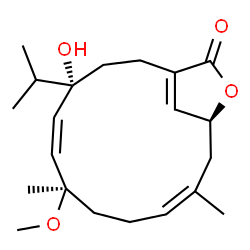 ChemSpider 2D Image | (4S,5Z,7R,10Z,13S)-4-Hydroxy-4-isopropyl-7-methoxy-7,11-dimethyl-14-oxabicyclo[11.2.1]hexadeca-1(16),5,10-trien-15-one | C21H32O4