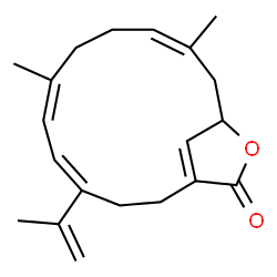 ChemSpider 2D Image | (4E,6Z,10Z)-4-Isopropenyl-7,11-dimethyl-14-oxabicyclo[11.2.1]hexadeca-1(16),4,6,10-tetraen-15-one | C20H26O2
