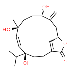 ChemSpider 2D Image | (4S,5Z,7S,10S,13S)-4,7,10-Trihydroxy-4-isopropyl-7-methyl-11-methylene-14-oxabicyclo[11.2.1]hexadeca-1(16),5-dien-15-one | C20H30O5