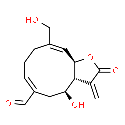 ChemSpider 2D Image | (3aR,4S,6E,10E,11aR)-4-Hydroxy-10-(hydroxymethyl)-3-methylene-2-oxo-2,3,3a,4,5,8,9,11a-octahydrocyclodeca[b]furan-6-carbaldehyde | C15H18O5