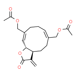 ChemSpider 2D Image | [(3aS,11aR)-3-Methylene-2-oxo-2,3,3a,4,5,8,9,11a-octahydrocyclodeca[b]furan-6,10-diyl]bis(methylene) diacetate | C19H24O6