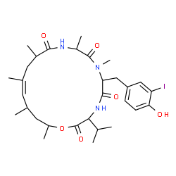 ChemSpider 2D Image | (14Z)-6-(4-Hydroxy-3-iodobenzyl)-3-isopropyl-7,9,12,14,16,18-hexamethyl-1-oxa-4,7,10-triazacyclooctadec-14-ene-2,5,8,11-tetrone | C30H44IN3O6