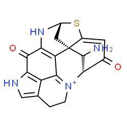 ChemSpider 2D Image | (1R,14R,19R,20R)-20-Amino-11,18-dioxo-15-thia-9,13-diaza-4-azoniaheptacyclo[12.6.1.1~3,7~.0~1,16~.0~2,12~.0~4,19~.0~10,22~]docosa-2(12),3,7,10(22),16-pentaene | C18H15N4O2S