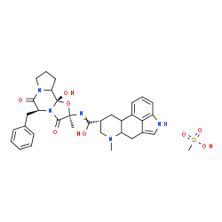 ChemSpider 2D Image | (8alpha)-N-[(2R,5S,10bS)-5-Benzyl-10b-hydroxy-2-methyl-3,6-dioxooctahydro-8H-[1,3]oxazolo[3,2-a]pyrrolo[2,1-c]pyrazin-2-yl]-6-methylergoline-8-carboximidic acid methanesulfonate (1:1) | C34H41N5O8S