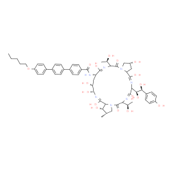 ChemSpider 2D Image | N-{(2R,7E,9S,11R,12R,13E,15S,16S,24E)-23-[(1S,2S)-1,2-Dihydroxy-2-(4-hydroxyphenyl)ethyl]-2,8,11,12,14,15,22,25-octahydroxy-6,20-bis[(1R)-1-hydroxyethyl]-16-methyl-5,19-dioxo-2,3,5,6,9,10,11,12,14a,15
,16,17,19,20,23,25a-hexadecahydro-1H-dipyrrolo[2,1-c:2',1'-l][1,4,7,10,13,16]hexaazacyclohenicosin-9-yl}-4''-(pentyloxy)-1,1':4',1''-terphenyl-4-carboxamide | C58H73N7O17