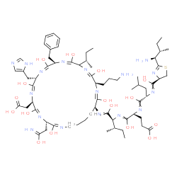 ChemSpider 2D Image | (4R)-4-{[(2S)-2-{[{(4R)-2-[(1S,2S)-1-Amino-2-methylbutyl]-4,5-dihydro-1,3-thiazol-4-yl}(hydroxy)methylene]amino}-1-hydroxy-4-methylpentylidene]amino}-5-{[(2S,3S)-1-{[(1E,3S,4E,6R,7E,9S,10E,12R,13E,16E
,18R,19E,21S)-18-(3-aminopropyl)-12-benzyl-15-[(2S)-2-butanyl]-6-(carboxymethyl)-2,5,8,11,14,17,20-heptahydroxy-3-(2-hydroxy-2-iminoethyl)-9-(1H-imidazol-5-ylmethyl)-1,4,7,10,13,16,19-heptaazacyclopen
tacosa-1,4,7,10,13,16,19-heptaen-21-yl]imino}-1-hydroxy-3-methyl-2-pentanyl]imino}-5-hydroxypentanoic acid | C66H103N17O16S