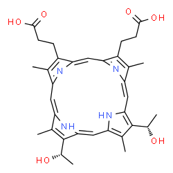 ChemSpider 2D Image | 3,3'-{7,12-Bis[(1S)-1-hydroxyethyl]-3,8,13,17-tetramethyl-2,18-porphyrindiyl}dipropanoic acid | C34H38N4O6