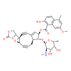 ChemSpider 2D Image | (1aS,5R,6R,6aS,9aR)-6-{[2,6-Dideoxy-2-(methylamino)-alpha-D-galactopyranosyl]oxy}-1a-[(4R)-2-oxo-1,3-dioxolan-4-yl]-2,3,8,9-tetradehydro-1a,5,6,6a,7,9a-hexahydrocyclopenta[5,6]cyclonona[1,2-b]oxiren-5
-yl 2-hydroxy-7-methoxy-5-methyl-1-naphthoate | C35H35NO12