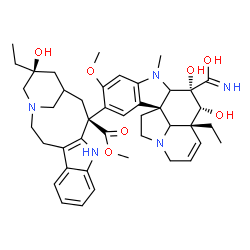 ChemSpider 2D Image | (2xi,3beta,4beta,5alpha,12beta,19xi)-15-[(13S,17S)-17-Ethyl-17-hydroxy-13-(methoxycarbonyl)-1,11-diazatetracyclo[13.3.1.0~4,12~.0~5,10~]nonadeca-4(12),5,7,9-tetraen-13-yl]-3,4-dihydroxy-16-methoxy-1-m
ethyl-6,7-didehydroaspidospermidine-3-carboximidic acid | C43H55N5O7