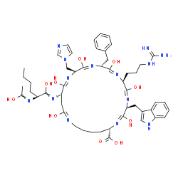 ChemSpider 2D Image | (1E,3S,4E,6S,7E,9R,10E,12S,13E,15S,17E,23S)-9-Benzyl-6-(3-carbamimidamidopropyl)-2,5,8,11,14,17-hexahydroxy-15-({(2S)-1-hydroxy-2-[(1-hydroxyethylidene)amino]hexylidene}amino)-12-(1H-imidazol-1-ylmeth
yl)-3-(1H-indol-3-ylmethyl)-1,4,7,10,13,18-hexaazacyclotricosa-1,4,7,10,13,17-hexaene-23-carboxylic acid | C50H68N14O10