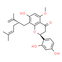 ChemSpider 2D Image | (2S)-2-(2,4-Dihydroxyphenyl)-7-hydroxy-8-[(2S)-2-isopropenyl-5-methyl-4-hexen-1-yl]-5-methoxy-2,3-dihydro-4H-chromen-4-one | C26H30O6