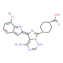 ChemSpider 2D Image | cis-4-[(5Z)-4-Amino-5-(7-methoxy-2H-indol-2-ylidene)-1,5-dihydroimidazo[5,1-f][1,2,4]triazin-7-yl]cyclohexanecarboxylic acid | C21H22N6O3