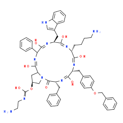 ChemSpider 2D Image | (1E,4E,6S,7E,9R,10E,12R,13E,15R,19S)-9-(4-Aminobutyl)-15-benzyl-12-[4-(benzyloxy)benzyl]-1,4,7,10,13-pentahydroxy-6-(1H-indol-3-ylmethyl)-16-oxo-3-phenyl-3,6,9,12,15,16,18,19,20,20a-decahydropyrrolo[1
,2-a][1,4,7,10,13,16]hexaazacyclooctadecin-19-yl hydrogen (2-aminoethyl)carbonimidate | C58H66N10O9
