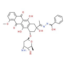 ChemSpider 2D Image | N-[(1E)-1-{(2S,4S)-4-[(3-Amino-2,3,6-trideoxy-beta-L-ribo-hexopyranosyl)oxy]-2,5,12-trihydroxy-7-methoxy-6,11-dioxo-1,2,3,4,6,11-hexahydro-2-tetracenyl}ethylidene]benzenecarbohydrazonic acid | C34H35N3O10