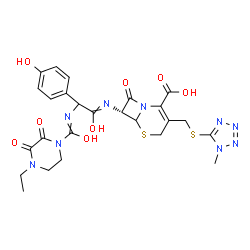 ChemSpider 2D Image | (7R)-7-{[2-{[(4-Ethyl-2,3-dioxo-1-piperazinyl)(hydroxy)methylene]amino}-1-hydroxy-2-(4-hydroxyphenyl)ethylidene]amino}-3-{[(1-methyl-1H-tetrazol-5-yl)sulfanyl]methyl}-8-oxo-5-thia-1-azabicyclo[4.2.0]o
ct-2-ene-2-carboxylic acid | C25H27N9O8S2