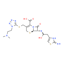 ChemSpider 2D Image | (6R,7S)-7-[[2-(2-amino-4-thiazolyl)-1-oxoethyl]amino]-3-[[[1-[2-(dimethylamino)ethyl]-5-tetrazolyl]thio]methyl]-8-oxo-5-thia-1-azabicyclo[4.2.0]oct-2-ene-2-carboxylic acid | C18H23N9O4S3