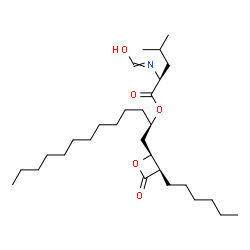 ChemSpider 2D Image | (2R)-1-[(2S,3R)-3-Hexyl-4-oxo-2-oxetanyl]-2-tridecanyl N-(hydroxymethylene)-L-leucinate | C29H53NO5