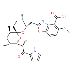 ChemSpider 2D Image | 5-(Methylamino)-2-({(2S,3S,6R,8S,9R,11R)-3,9,11-trimethyl-8-[(2S)-1-oxo-1-(1H-pyrrol-2-yl)-2-propanyl]-1,7-dioxaspiro[5.5]undec-2-yl}methyl)-1,3-benzoxazole-4-carboxylic acid | C29H37N3O6