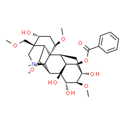 ChemSpider 2D Image | (1beta,3alpha,6alpha,9alpha,10alpha,13alpha,14beta,15alpha,16beta)-3,8,13,15-Tetrahydroxy-1,6,16-trimethoxy-4-(methoxymethyl)-20-methylaconitan-14-yl benzoate | C31H43NO10