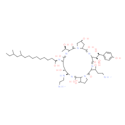 ChemSpider 2D Image | N-{(2R,7E,9S,11R,12R,15S,24E)-12-[(2-Aminoethyl)amino]-20-[(1R)-3-amino-1-hydroxypropyl]-23-[(1S,2S)-1,2-dihydroxy-2-(4-hydroxyphenyl)ethyl]-2,8,11,14,15,22,25-heptahydroxy-6-[(1R)-1-hydroxyethyl]-5,1
9-dioxo-2,3,5,6,9,10,11,12,14a,15,16,17,19,20,23,25a-hexadecahydro-1H-dipyrrolo[2,1-c:2',1'-l][1,4,7,10,13,16]hexaazacyclohenicosin-9-yl}-10,12-dimethyltetradecanimidic acid | C52H88N10O15