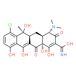 ChemSpider 2D Image | (4S,4aS,5aS,6S,12aR)-7-Chloro-4-(dimethylamino)-1,6,10,11,12a-pentahydroxy-6-methyl-3,12-dioxo-3,4,4a,5,5a,6,12,12a-octahydro-2-tetracenecarboximidic acid | C22H23ClN2O8