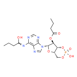ChemSpider 2D Image | N-{9-[(4aS,6S,7S,7aR)-7-(Butyryloxy)-2-hydroxy-2-oxidotetrahydro-4H-furo[3,2-d][1,3,2]dioxaphosphinin-6-yl]-9H-purin-6-yl}butanimidic acid | C18H24N5O8P