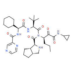 ChemSpider 2D Image | (1S,3aR,6aS)-N-[(2S)-2-({(2S)-2-Cyclohexyl-2-[(2-pyrazinylcarbonyl)amino]acetyl}amino)-3,3-dimethylbutanoyl]-N-[(3R)-1-(cyclopropylamino)-1,2-dioxo-3-hexanyl]octahydrocyclopenta[c]pyrrole-1-carboxamid
e | C36H53N7O6