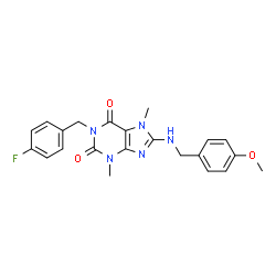 ChemSpider 2D Image | 1-(4-Fluorobenzyl)-8-[(4-methoxybenzyl)amino]-3,7-dimethyl-3,7-dihydro-1H-purine-2,6-dione | C22H22FN5O3