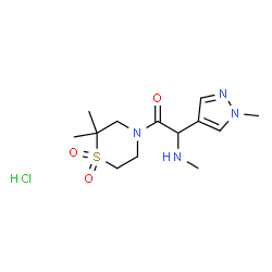 ChemSpider 2D Image | 1-(2,2-Dimethyl-1,1-dioxido-4-thiomorpholinyl)-2-(methylamino)-2-(1-methyl-1H-pyrazol-4-yl)ethanone hydrochloride (1:1) | C13H23ClN4O3S