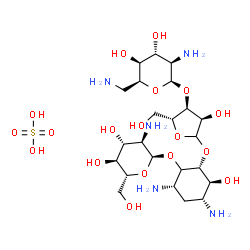 ChemSpider 2D Image | (2R,3S,4R,6S)-4,6-Diamino-2-{[3-O-(2,6-diamino-2,6-dideoxy-beta-L-idopyranosyl)-D-ribofuranosyl]oxy}-3-hydroxycyclohexyl 2-amino-2-deoxy-alpha-D-glucopyranoside sulfate (1:1) | C23H47N5O18S