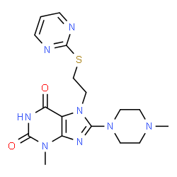 ChemSpider 2D Image | 3-Methyl-8-(4-methyl-1-piperazinyl)-7-[2-(2-pyrimidinylsulfanyl)ethyl]-3,7-dihydro-1H-purine-2,6-dione | C17H22N8O2S