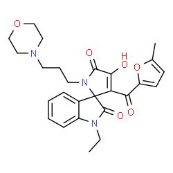 ChemSpider 2D Image | 1-Ethyl-4'-hydroxy-3'-(5-methyl-2-furoyl)-1'-[3-(4-morpholinyl)propyl]spiro[indole-3,2'-pyrrole]-2,5'(1H,1'H)-dione | C26H29N3O6