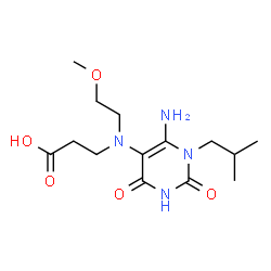 ChemSpider 2D Image | N-(6-Amino-1-isobutyl-2,4-dioxo-1,2,3,4-tetrahydro-5-pyrimidinyl)-N-(2-methoxyethyl)-beta-alanine | C14H24N4O5
