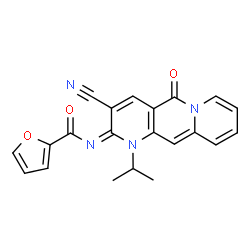 ChemSpider 2D Image | N-[(2E)-3-Cyano-1-isopropyl-5-oxo-1,5-dihydro-2H-pyrido[1,2-g][1,6]naphthyridin-2-ylidene]-2-furamide | C21H16N4O3