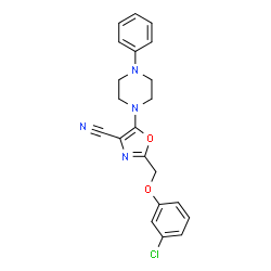 ChemSpider 2D Image | 2-[(3-Chlorophenoxy)methyl]-5-(4-phenyl-1-piperazinyl)-1,3-oxazole-4-carbonitrile | C21H19ClN4O2