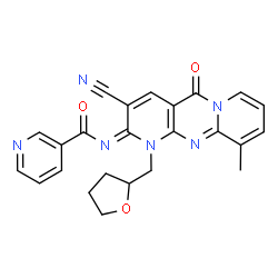 ChemSpider 2D Image | N-[(2E)-3-Cyano-10-methyl-5-oxo-1-(tetrahydro-2-furanylmethyl)-1,5-dihydro-2H-dipyrido[1,2-a:2',3'-d]pyrimidin-2-ylidene]nicotinamide | C24H20N6O3