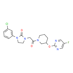 ChemSpider 2D Image | 1-(3-Chlorophenyl)-3-(2-{3-[(5-fluoro-2-pyrimidinyl)oxy]-1-piperidinyl}-2-oxoethyl)-2-imidazolidinone | C20H21ClFN5O3
