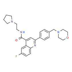 ChemSpider 2D Image | 6-Fluoro-2-[4-(4-morpholinylmethyl)phenyl]-N-[2-(1-pyrrolidinyl)ethyl]-4-quinolinecarboxamide | C27H31FN4O2