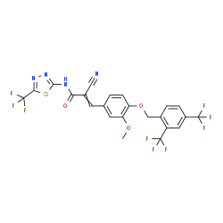 ChemSpider 2D Image | 3-(4-{[2,4-Bis(trifluoromethyl)benzyl]oxy}-3-methoxyphenyl)-2-cyano-N-[5-(trifluoromethyl)-1,3,4-thiadiazol-2-yl]acrylamide | C23H13F9N4O3S