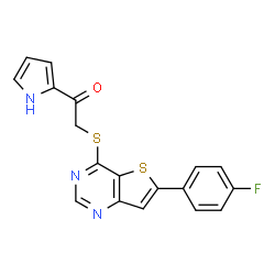 ChemSpider 2D Image | 2-{[6-(4-Fluorophenyl)thieno[3,2-d]pyrimidin-4-yl]sulfanyl}-1-(1H-pyrrol-2-yl)ethanone | C18H12FN3OS2
